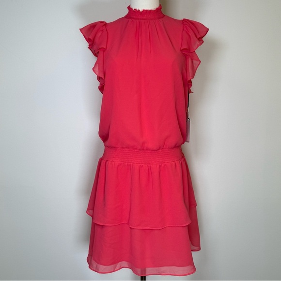 NWT 1.State Flutter Sleeve Mini Dress Coral Smocked Neck & Waist Women’s Small - Picture 1 of 10
